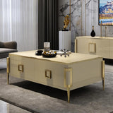 Vectic Modern Gold Rectangular Coffee Table with Drawers & Tempered Glass Tabletop