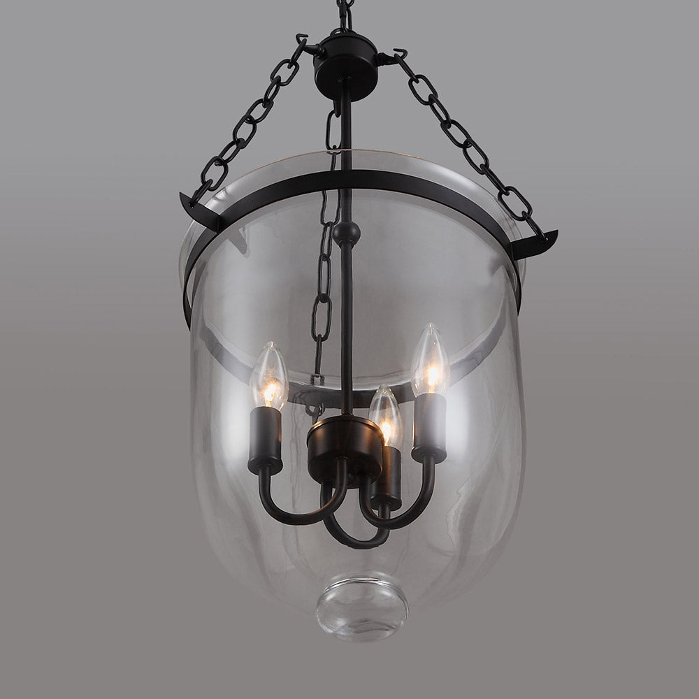 Retro Rustic Clear Glass Shade Bell Jar Pendant Light with 3 Candle Lights Black Metal