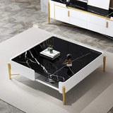 White and Black Faux Marble Square Coffee Table with Storage Gold Legs 2 Drawers and Open Shelves