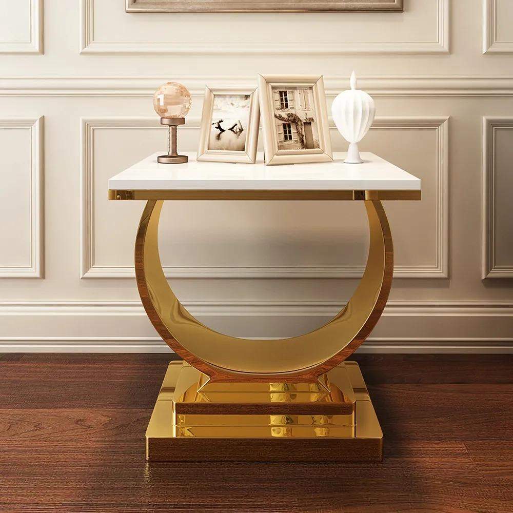 Postmodern White End Table with Stainless Steel Base Crescent Moon Deisgn-Richsoul-End &amp; Side Tables,Furniture,Living Room Furniture