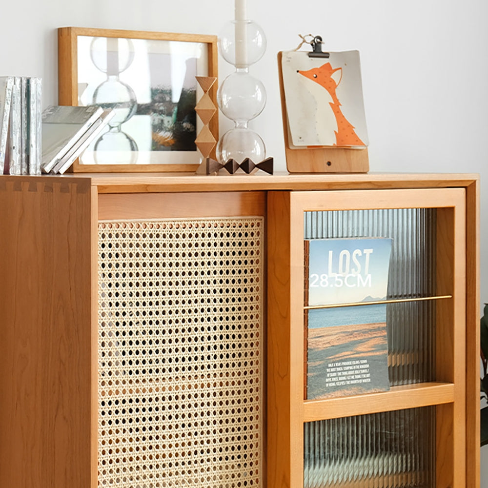 Nordic Natural Cabinet with 2 Glass Rattan Woven Doors & 2 Shelves in Small