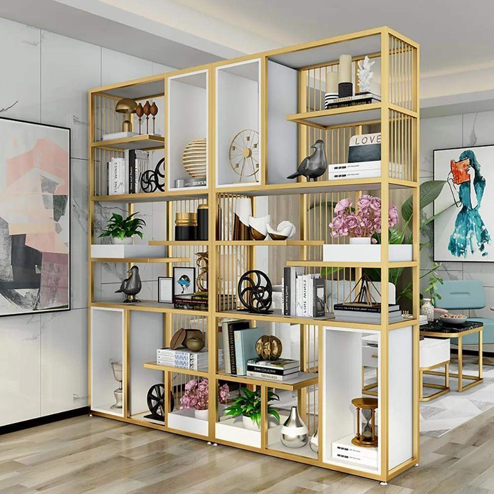 Estantería industrial blanca, estantería de 6 niveles de altura con marco  de madera y metal dorado, estante de exhibición con estantes de