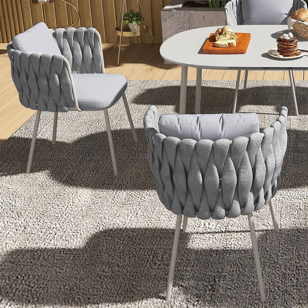 2 Pieces Mid Century Modern Aluminum & Rattan Outdoor Patio Dining Chair Armchair Gray