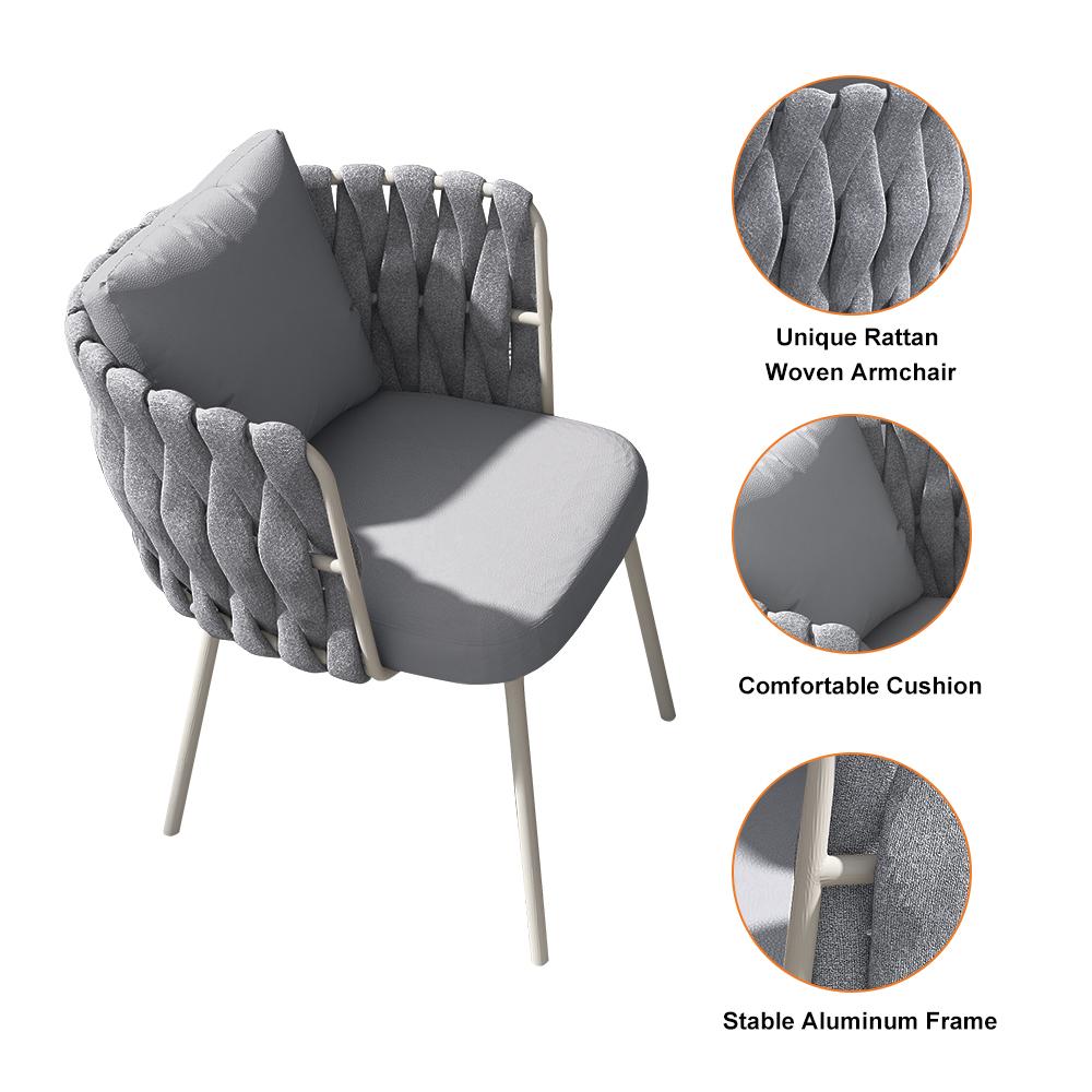 2 Pieces Mid Century Modern Aluminum & Rattan Outdoor Patio Dining Chair Armchair Gray