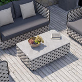 Moderna mesa de centro exterior para patio de aluminio, cuerda y imitación de mármol en gris