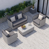 Moderna mesa de centro exterior para patio de aluminio, cuerda y imitación de mármol en gris