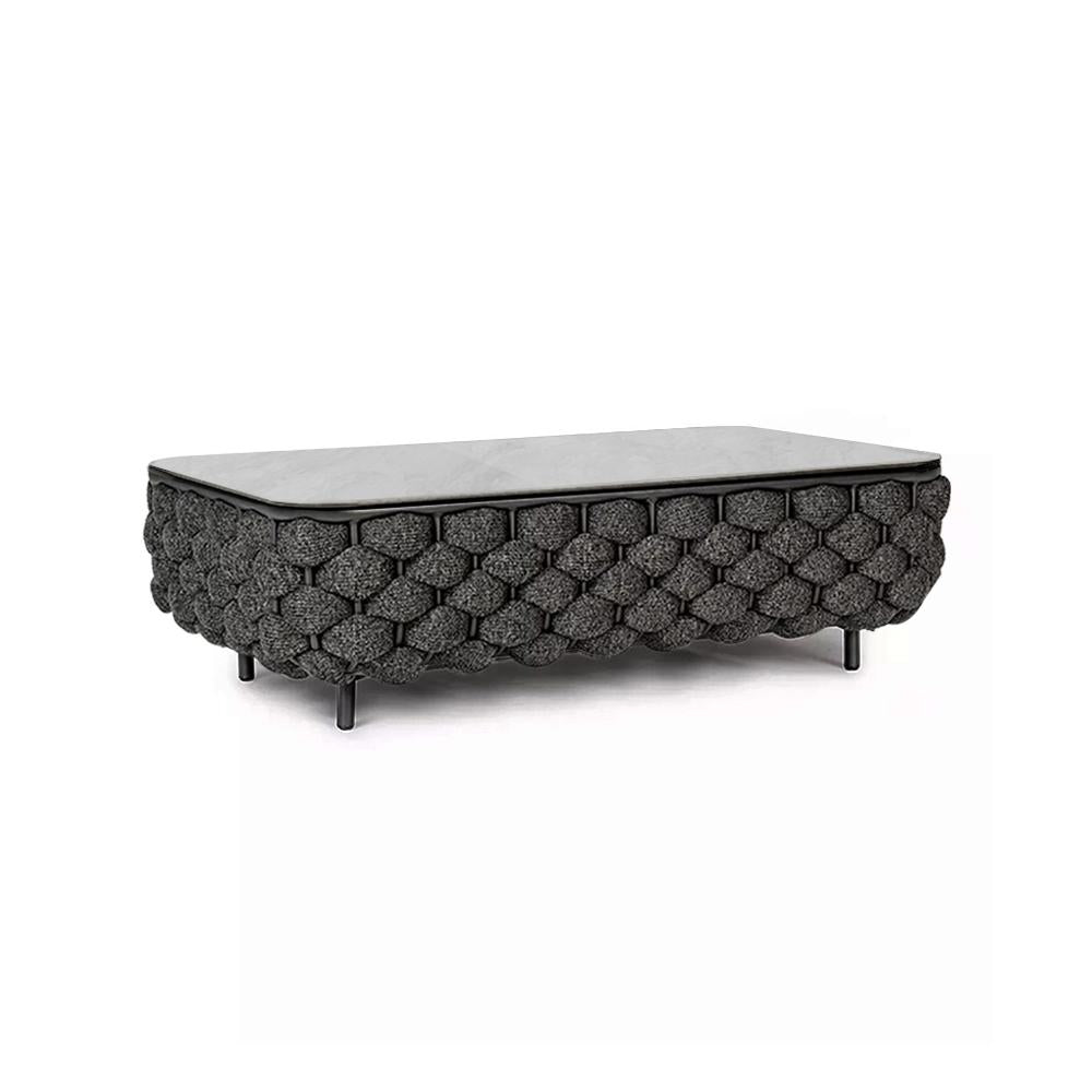 Modern Aluminum & Rope & Faux Marble Top Outdoor Patio Coffee Table in Gray