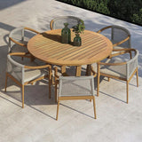 Moderna mesa de comedor redonda de madera de teca para 6 personas al aire libre en color natural
