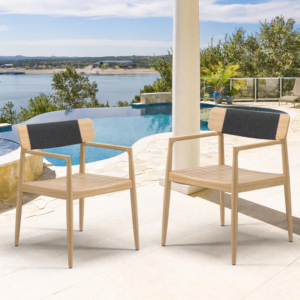 Modern Wood Outdoor Patio Dining Chair Armchair in Natural (Set of 2)