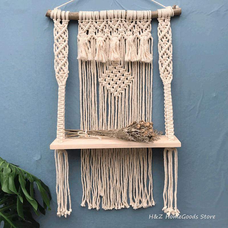 Hand-Woven Macrame Tapestry Rack Wooden Shelves Wall Hanging-Macrame Wall Hanging