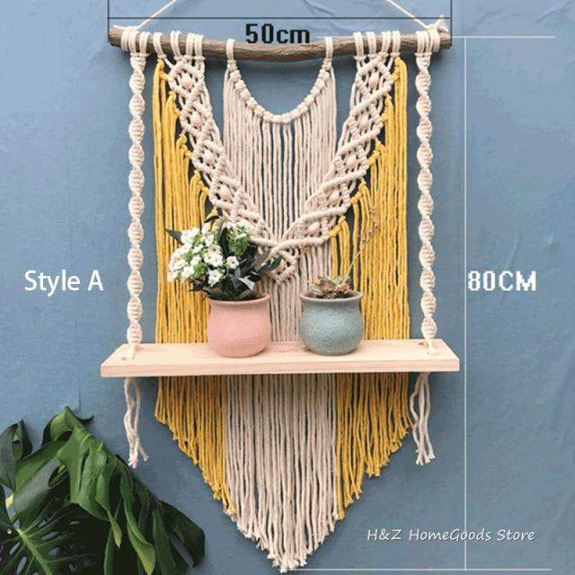 Hand-Woven Macrame Tapestry Rack Wooden Shelves Wall Hanging-Macrame Wall Hanging