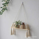 Boho  Macrame Wall Hanging Wooden Shelf Farmhouse Rustic Floating Shelving-Macrame Wall Hanging