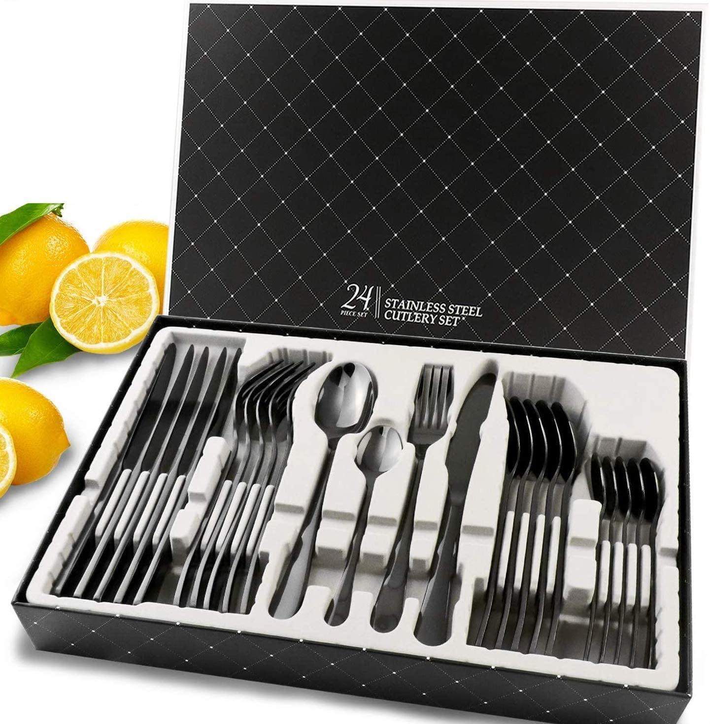 Black Gold Stainless Steel Flatware Sets  Wood Gift Box(24PCS )-dinning