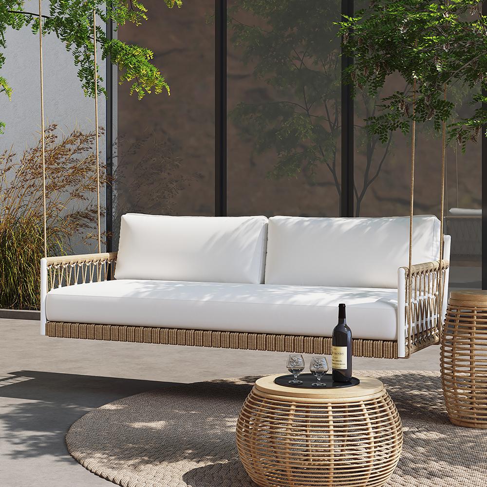 Ropipe Boho 2-Seater Khaki Woven Rope Outdoor Patio Swing Sofa with White Cushion