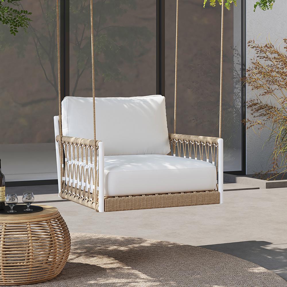 Ropipe Boho Khaki Woven Rope Outdoor Patio Swing Sofa Arm Chair with White  Cushion - White