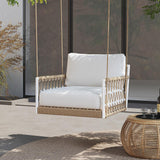Ropipe Boho Khaki Woven Rope Outdoor Patio Swing Sofa Arm Chaise avec coussin blanc