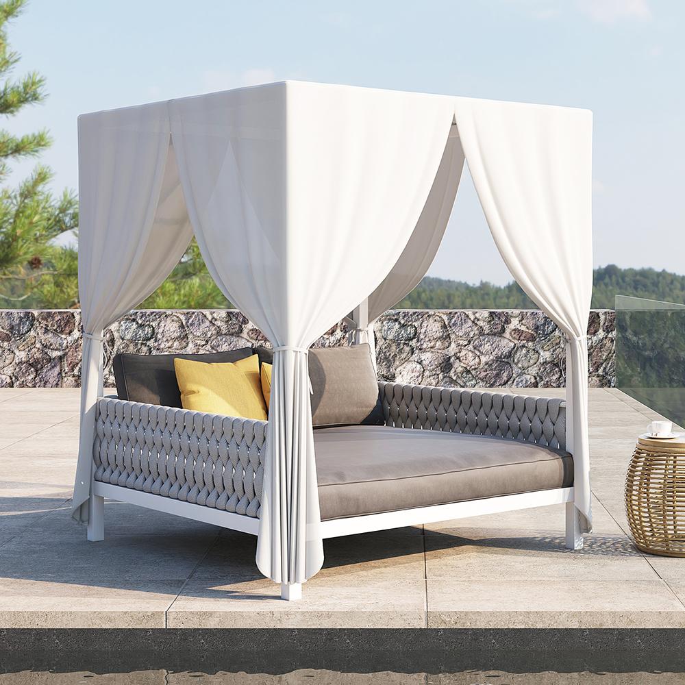 White Aluminum & Gray Woven Rope 2-Person Outdoor Patio Daybed with Canopy Curtains