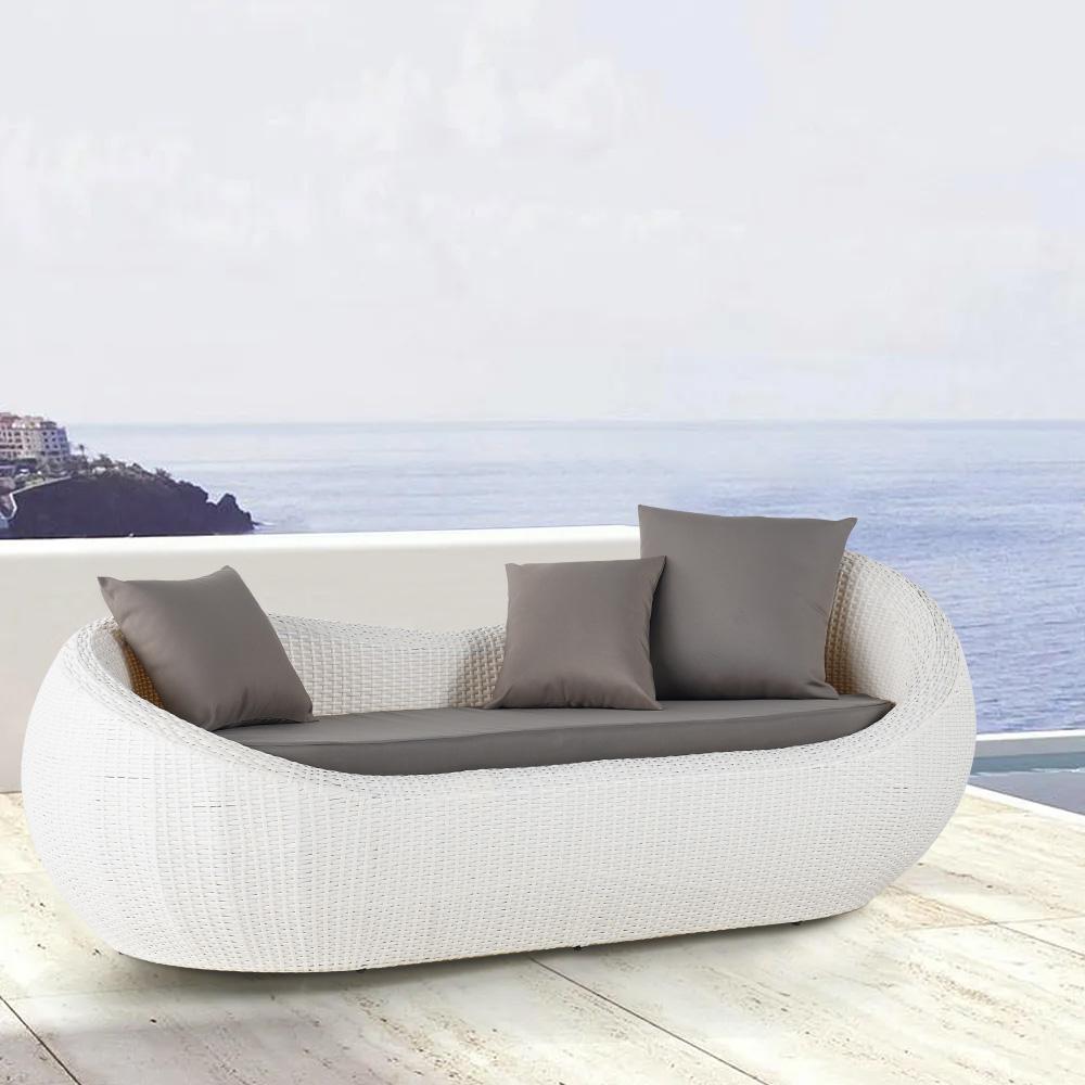 White Woven Rattan Round Outdoor Sofa with Cushion & Pillow and Curved Back