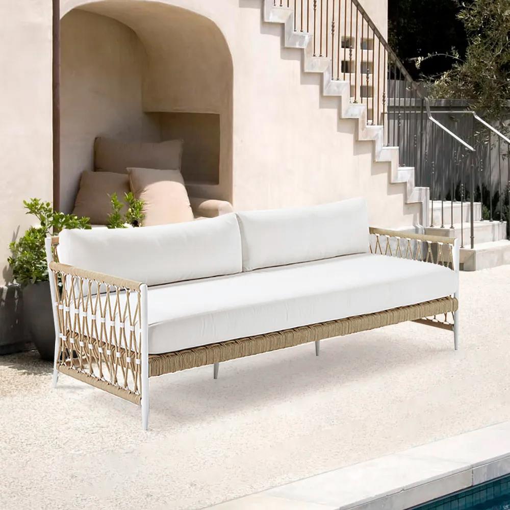 Ropipe Woven Rope Outdoor Sofa 3-Seater Sofa with White Polyester Pillow Cushion